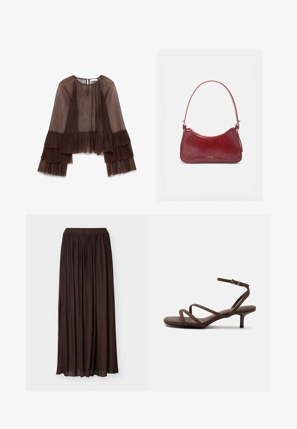 Haut plissé marron avec de longues manches volantes, présentant un décolleté arrondi et une fermeture à boutons au dos. Tissu texturé et fluide.; Longue jupe plissée marron foncé avec taille élastique, tissu léger et fente latérale.; Sandale marron à talons hauts avec fines lanières croisées et bride de cheville avec boucle argentée sur fond blanc.; Petit sac à main brillant rouge foncé avec une seule bandoulière, fermeture éclair argentée et logo « RAID » au centre avant.