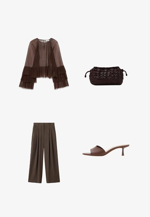 Haut plissé marron avec de longues manches volantes, présentant un décolleté arrondi et une fermeture à boutons au dos. Tissu texturé et fluide.; Pantalon marron à jambes larges en tissu texturé, avec des plis à l'avant, des passants pour ceinture et des poches latérales.; Mule en cuir marron à bout ouvert, avec un talon kitten bas et fin et une semelle intérieure rembourrée, présentée sur fond blanc.; Pochette tissée brun foncé avec texture tressée et fermeture à cordon des deux côtés sur fond blanc.
