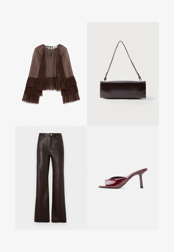 Haut plissé marron avec de longues manches volantes, présentant un décolleté arrondi et une fermeture à boutons au dos. Tissu texturé et fluide.; Vero Moda Wide-leg VMTESSA High rise - Pantalon classique - chocolate torte; Mule ouverte à bout rond brillante bordeaux avec un talon fin de hauteur moyenne et une semelle incurvée sur un fond blanc uni.; Sac à main rectangulaire en cuir noir avec une longue bandoulière unique et une finition brillante, présenté sur un fond blanc uni.