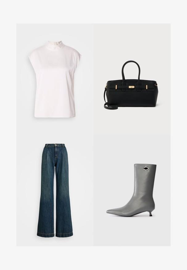 Blouse blanche sans manches avec un col haut et une fermeture éclair au dos, dotée d'un tissu doux et lisse et d'une coupe décontractée. Pas de motifs ni d'accents.; Jean large bleu foncé en denim, avec une taille haute, un front plié et un ourlet cousu. Fermeture à bouton en métal et zip.; Botte en cuir grise mi-mollet avec un bout pointu, un petit talon aiguille et un petit ornement en forme de diamant noir et argent près du haut.; Sac à main en cuir noir avec doubles poignées, bandoulière amovible et détail de fermoir doré sur la ceinture avant.