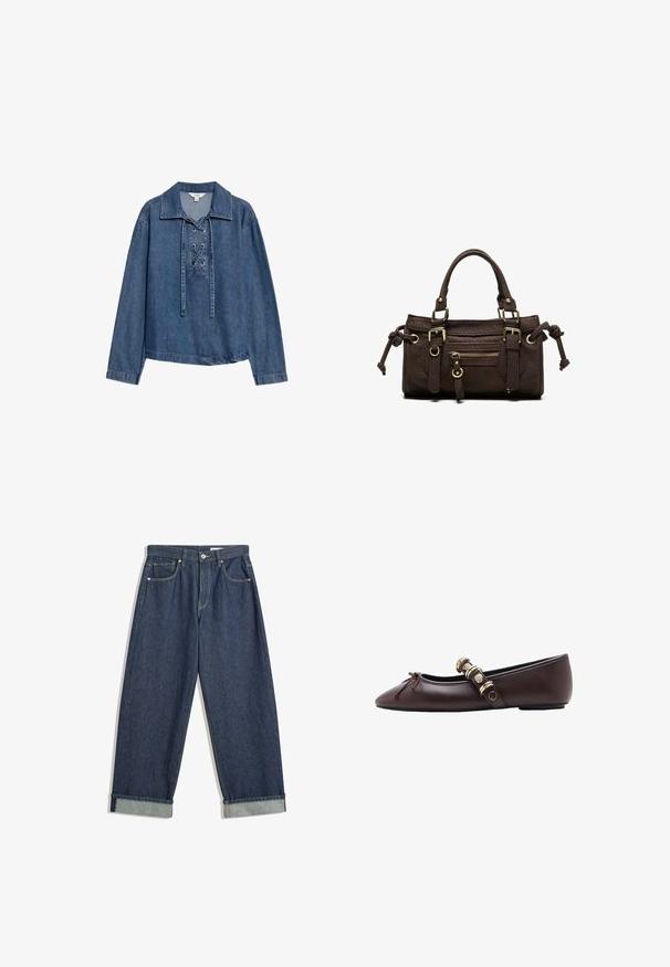 Denim langærmet pullover med snørelukning foran og krave, løs pasform og lige kant.; Mørkeblå, vide denimbukser med foldede manchetter, frontknap og lynlås, bæltestropper og fem lommer.; Mørkebrunt læder flad sko med spids tå, dekorativ sløjfe og rem med guldfarvede metalkrøller og nitter.; Mørkebrun læderhåndtaske med dobbelte håndtag, forreste lynlåslomme, dekorative spænder og sideknuder på hvid baggrund.