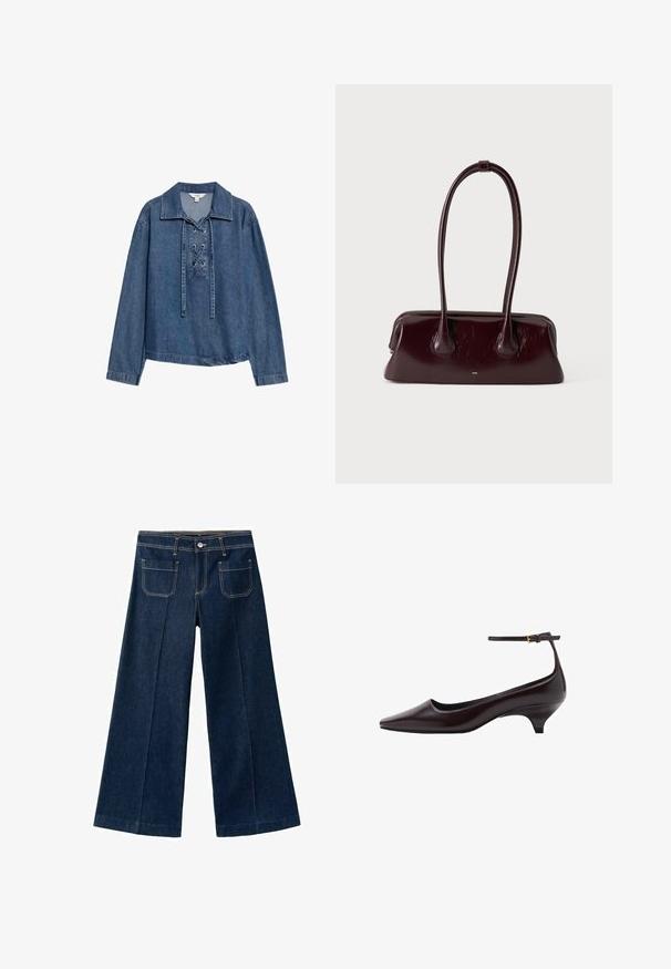 Denim langærmet pullover med snørelukning foran og krave, løs pasform og lige kant.; Vidbenede mørkeblå denim bukser med høj talje, der har to baglommer, synlige sømme og lukning med knap foran.; Mørkebrune spidse læder kitten heel sko med en tynd ankelrem og en lille guldbeslag.; Mørkebrunt blankt læderhåndtaske med lange, tynde håndtag og en struktureret rektangulær bund på en ensfarvet lys baggrund.