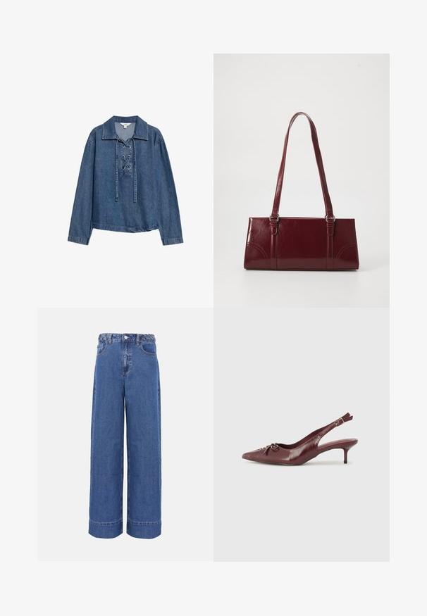 Denim langærmet pullover med snørelukning foran og krave, løs pasform og lige kant.; Blå denim jeans med vide ben, flettet linning, knap foran og lommer, vist på ensfarvet baggrund.; Bordeaux læder slingback hæl med spidse tå, justerbar rem og dekorativ sløjfedetalje foran. 7,5 cm hælhøjde.; Bordeaux håndtaske lavet af glansfuldt materiale, rektangulær form, med to skulderremme og subtile buede detaljer på forsiden.