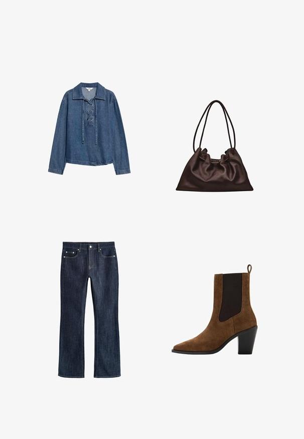 Denim langærmet pullover med snørelukning foran og krave, løs pasform og lige kant.; Mørkeblå straight-leg denimjeans med forlommer, bæltestropper og knaplukning.; Brun ruskindsankelstøvle med spids tå, elastiske sidepaneler og blokhæl. Har en strop i bagenden for nem påtagning.; Blød mørkebrun læderhåndtaske med en slasket form og to tynde skulderstropper mod en hvid baggrund.