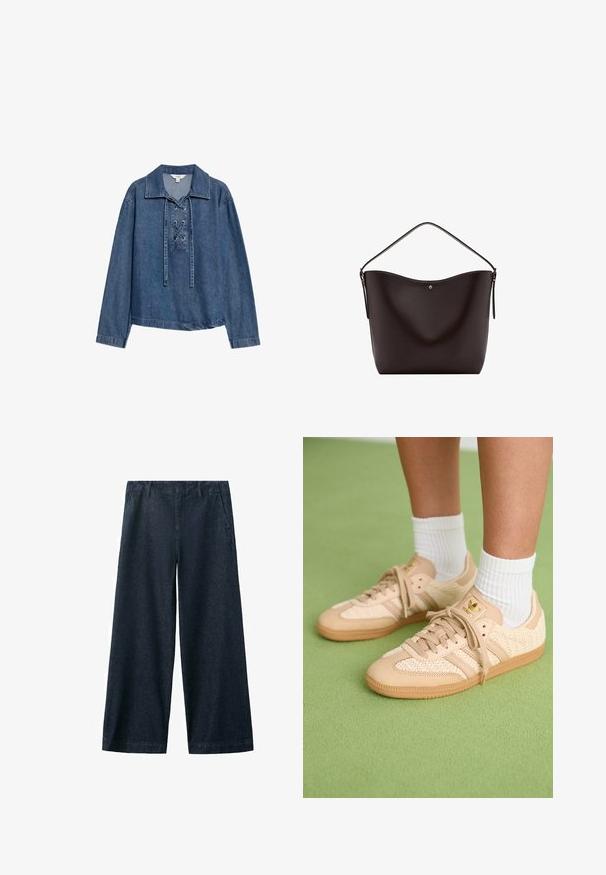 Denim langærmet pullover med snørelukning foran og krave, løs pasform og lige kant.; Vidbenede, mørke denimbukser med en glat tekstur. Har forlommer og et klassisk linningdesign. Ingen synlige lukninger.; Fødder iført beige vævede Adidas sneakers med gummisåler og hvide ankelsokker på en grøn struktureret gulv.; Mørkebrun læder skuldertaske med en enkelt strop og en lille guldknapdetalje midt foran.
