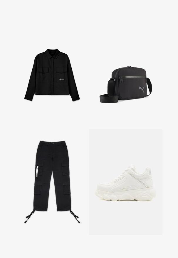 Sort cropped skjorte med spidse krave, dobbelt brystlommer, knaplukning foran og broderet logo på venstre side. Glat stoftekstur.; Pegador TANAMI WIDE PANTS - Cargobukser - black; Hvid chunky sneaker med tyk sål, snørelukning og "Buffalo" branding på siden og hælen.; Sort skuldertaske i stof med rektangulær form, udstyret med lynlås, tekstureret overflade og en grå broderet logo på den ene side.
