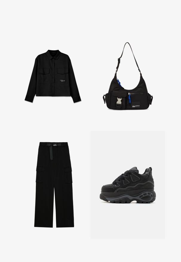 Camisa negra corta con cuello puntiagudo, doble bolsillo en el pecho, botones al frente y logo bordado en el lado izquierdo. Textura de tela suave.; Pantalones cargo negros con un diseño de pierna ancha, cinturilla elástica con un cinturón y dos grandes bolsillos laterales para almacenamiento.; Buffalo Zapatillas skate - black; Bolso de hombro negro de nylon con forma curvada, correa ajustable, bolsillo frontal con cierre, acento azul y detalle de logo.