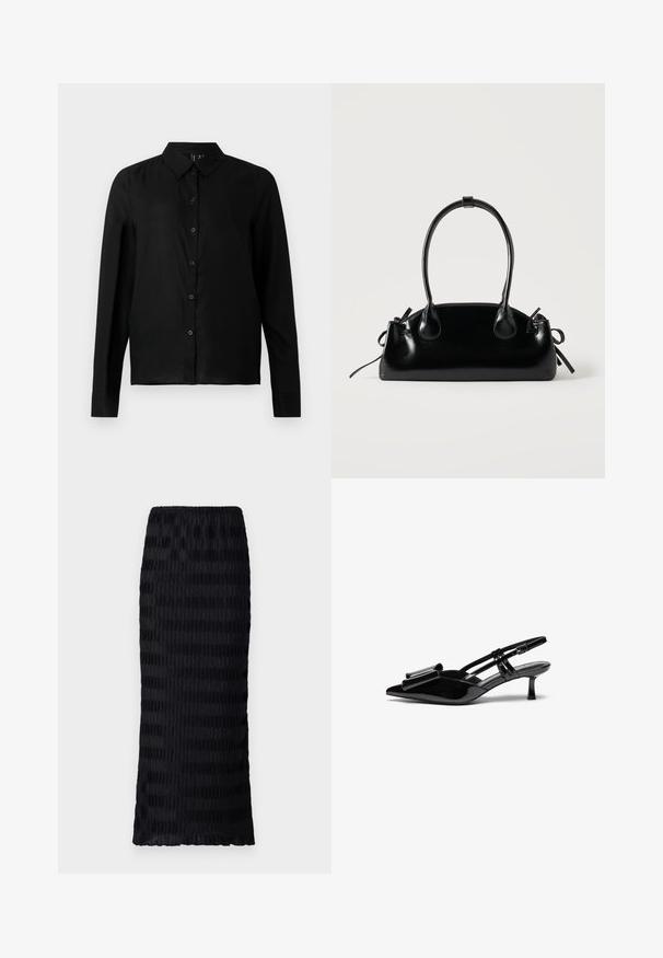 Chemise noire à manches longues avec boutons, fabriquée en tissu lisse. Dotée d'un col classique et d'une coupe droite avec une fermeture à boutons sur le devant.; Jupe noire longueur genoux avec un design plissé texturé. Taille élastique, tissu lisse avec des rayures alternées mates et brillantes.; Talons aiguilles en cuir verni noir avec un bout pointu, un détail en nœud à l'avant et un petit talon stiletto. Les brides sont équipées de boucles ajustables.; Petit sac à main noir brillant avec deux longues anses et des détails à cordon sur les côtés sur un fond clair uni.