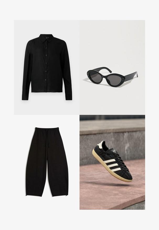 Chemise noire à manches longues avec boutons, fabriquée en tissu lisse. Dotée d'un col classique et d'une coupe droite avec une fermeture à boutons sur le devant.; Pantalon de survêtement noir ample avec taille élastique, cordon, poches latérales et ourlets réglables.; Baskets Adidas noires avec des bandes blanches et une semelle beige, capturées en plein air au-dessus d'une surface en pierre et d'un mur en pierre en arrière-plan.; Lunettes de soleil noires à forme œil de chat surdimensionnée. Montures en plastique lisse avec des verres foncés et de petits accents étoilés sur les côtés.