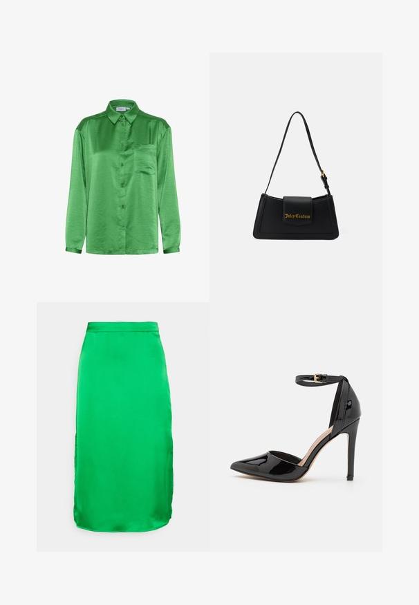 Grünes Satinhemd mit langen Ärmeln, Knopfverschluss vorne, einer Brusttasche und glatter Textur. Kragen und Manschetten sind aus demselben Stoff.; Object Petite OBJNAYA MIDI SKIRT PETITE - Bleistiftrock - fern green; Schwarzer Lackleder-Schuh mit hohen Absätzen, spitzem Zeh, Knöchelriemen und schlankem Stiletto-Absatz. Glatte Textur mit glänzender Oberfläche.; Schwarze Taschen aus Kunstleder mit rechteckiger Form, goldfarbenem Logo und einem verstellbaren Tragegurt. Verfügt über einen Klappenverschluss und ein elegantes Design.