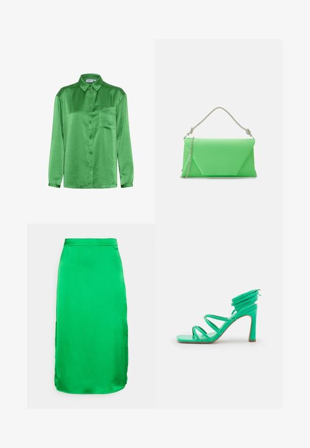 Groen satijnen shirt met lange mouwen, een knoopsluiting aan de voorkant, een enkele borstzak en een gladde textuur. Kraag en manchetten zijn van dezelfde stof.; Object Petite OBJNAYA MIDI SKIRT PETITE - Kokerrok - fern green; NA-KD STRAPPY FUNNEL - Sandalen met hoge hak - green; Mascara CB61156 - Clutch - apple