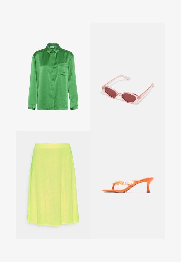 Groen satijnen shirt met lange mouwen, een knoopsluiting aan de voorkant, een enkele borstzak en een gladde textuur. Kraag en manchetten zijn van dezelfde stof.; Monki A-lijn rok - yellow; Oranje sandalen met hoge hak en een teenriempje, versierd met decoratieve cirkelvormige pailletten op het bovenwerk, geplaatst tegen een effen witte achtergrond.; Roze transparante zonnebril met ovale lenzen, donkerrode tint en slanke pootjes, met een gladde afwerking en subtiele details op het frame.