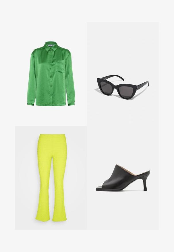 Chemise en satin vert à manches longues, devant à boutons, poche poitrine unique et texture lisse. Le col et les poignets sont assortis au tissu.; Even&Odd by Zalando Pantalon classique - green; Selected ASHLEY - Mules à talons - black; Lunettes de soleil noires en forme d'œil de chat avec une finition mate, dotées de verres teintés gris, d'angles aigus et de branches élégantes. Nom de la marque visible sur la branche intérieure.
