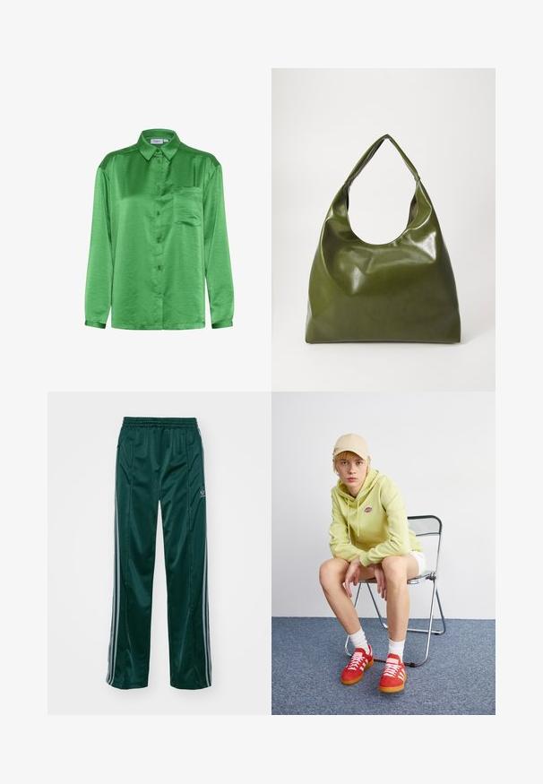 Chemise en satin vert à manches longues, devant à boutons, poche poitrine unique et texture lisse. Le col et les poignets sont assortis au tissu.; Pantalons de sport vert foncé en matériau brillant, avec des bandes latérales gris clair et un logo brodé sur la jambe gauche.; Un sweat à capuche vert clair avec logo, un short blanc, des baskets rouges avec rayures blanches, assis sur une chaise pliante en chrome contre un fond neutre.; Sac hobo en cuir vert au design décontracté, avec une poignée incurvée et une texture lisse. Ne contient aucun matériel ou accent visible.