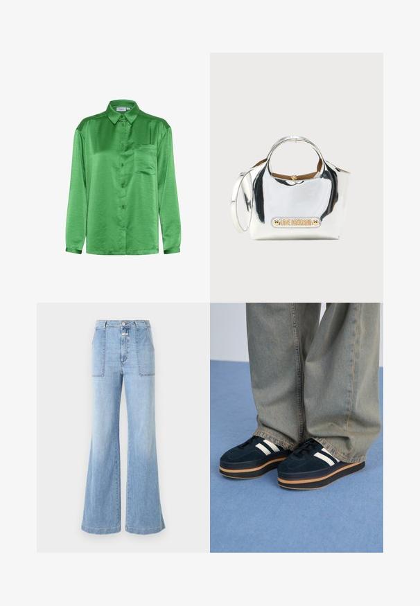 Grøn satin skjorte med lange ærmer, knaplukning fortil, enkelt brystlomme og glat tekstur. Krave og manchetter matcher stoffet.; CLOSED ARIA - Flared jeans - light blue; Mørkeblå ruskinds-platform sneakers med hvide striber og sorte snørebånd. Har en tyk brun gummisål. Bæres med lyseblå denimbukser.; Sølvfarvet skindtaske med en struktureret form, dobbelt håndtag og logo i guldfarvet metalplade foran.