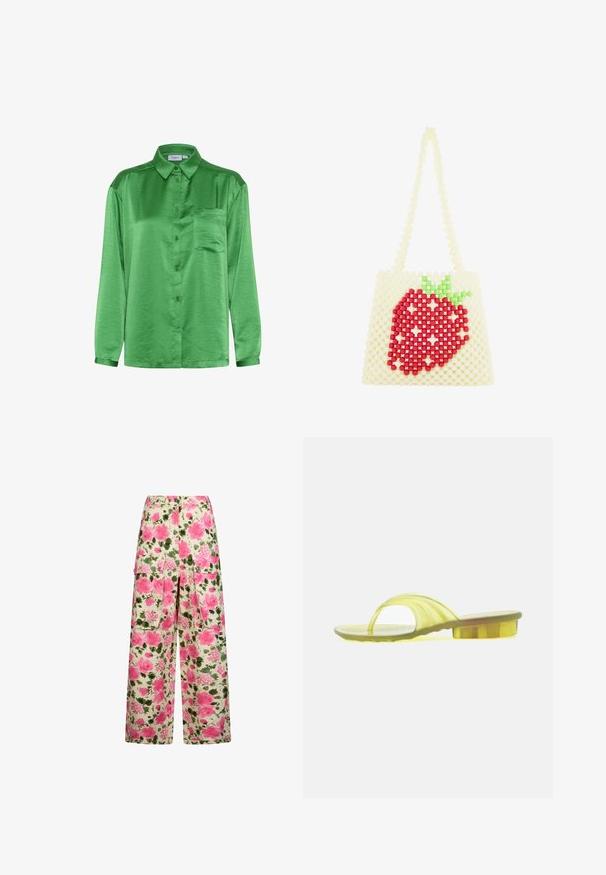 Grøn satin skjorte med lange ærmer, knaplukning fortil, enkelt brystlomme og glat tekstur. Krave og manchetter matcher stoffet.; Bukser med vide ben og store forlommer, med et pink og grønt blomsterprint på en cremefarvet baggrund.; Gul gennemsigtig sandalsandal med en lille blokhæl og bred rem over foden, vist i profil på en hvid baggrund.; Perlet håndtaske med hvide perler og et rødt jordbærdesign med grønne blade foran, med en lang perlet rem.