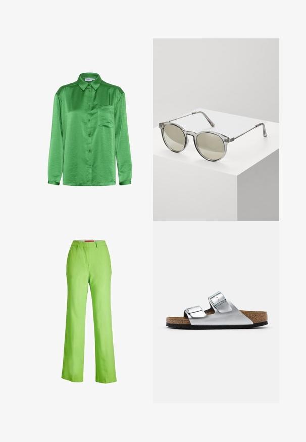Groen satijnen shirt met lange mouwen, een knoopsluiting aan de voorkant, een enkele borstzak en een gladde textuur. Kraag en manchetten zijn van dezelfde stof.; JJXX JXMARY HW PANT - Broek - green flash; Zilveren leren sandaal met twee verstelbare gespen, kurken voetbed en een gestructureerde zwarte rubberen zool. Open teen ontwerp met zachte randen.; Ronde zonnebrillen met transparante grijze monturen en grijs-getinte lenzen. Metalen accenten op de veren en gebogen armen voor stabiliteit.
