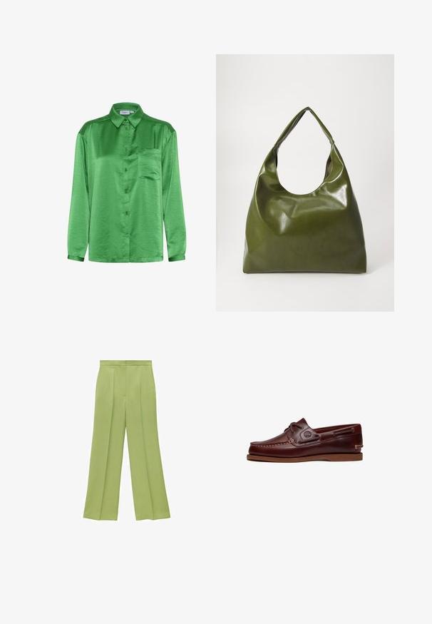 Groen satijnen shirt met lange mouwen, een knoopsluiting aan de voorkant, een enkele borstzak en een gladde textuur. Kraag en manchetten zijn van dezelfde stof.; Groene wijde broek met een gladde textuur, voorplooien en een getailleerde tailleband. Een losse pasvorm versterkt de algehele silhouet.; Bruine leren boot schoen met veters, stiksel details en Timberland-logo aan de zijkant, weergegeven op een witte achtergrond.; Groene leren hobotas met een slordig ontwerp, gebogen handvat en een gladde textuur. Bevat geen zichtbare hardware of accenten.