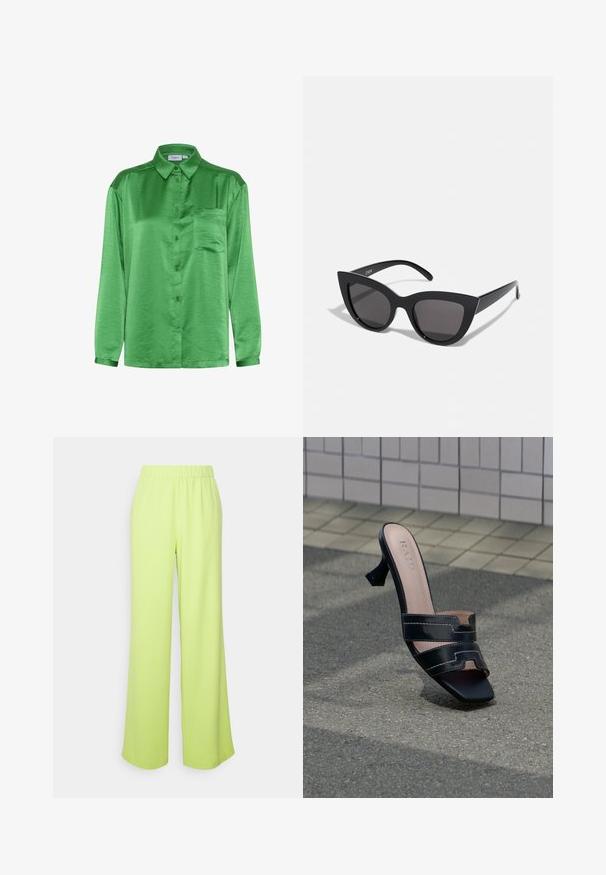 Chemise en satin vert à manches longues, devant à boutons, poche poitrine unique et texture lisse. Le col et les poignets sont assortis au tissu.; Selected SLFTINNI RELAXED WIDE PANT - Pantalon classique - sharp green; Mule à talon noir à bout ouvert avec double brides et bout carré sur un pavé texturé devant un mur carrelé.; Lunettes de soleil noires en forme d'œil de chat avec une finition mate, dotées de verres teintés gris, d'angles aigus et de branches élégantes. Nom de la marque visible sur la branche intérieure.