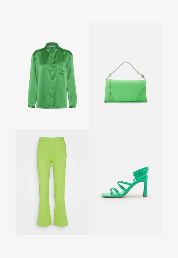 Chemise en satin vert à manches longues, devant à boutons, poche poitrine unique et texture lisse. Le col et les poignets sont assortis au tissu.; Résumé RIO PANT - Pantalon classique - kiwi; NA-KD STRAPPY FUNNEL - Sandales à talons hauts - green; Mascara CB61156 - Pochette - apple