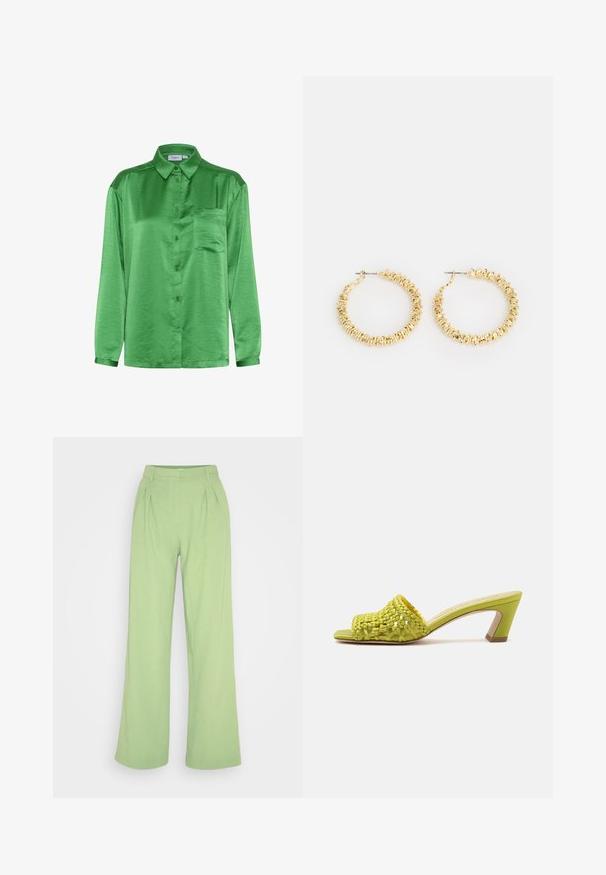 Groen satijnen shirt met lange mouwen, een knoopsluiting aan de voorkant, een enkele borstzak en een gladde textuur. Kraag en manchetten zijn van dezelfde stof.; Envii LINE PANTS - Broek - tendril; Open teen mulehak in limoengroen met gevlochten leren bovenwerk en een blokhak van middelhoogte tegen een effen achtergrond.; Gouden hoepeloorbelletjes met een gestructureerd oppervlak en kleine, ronde accenten. Ronde vorm en sluiting met een pin.