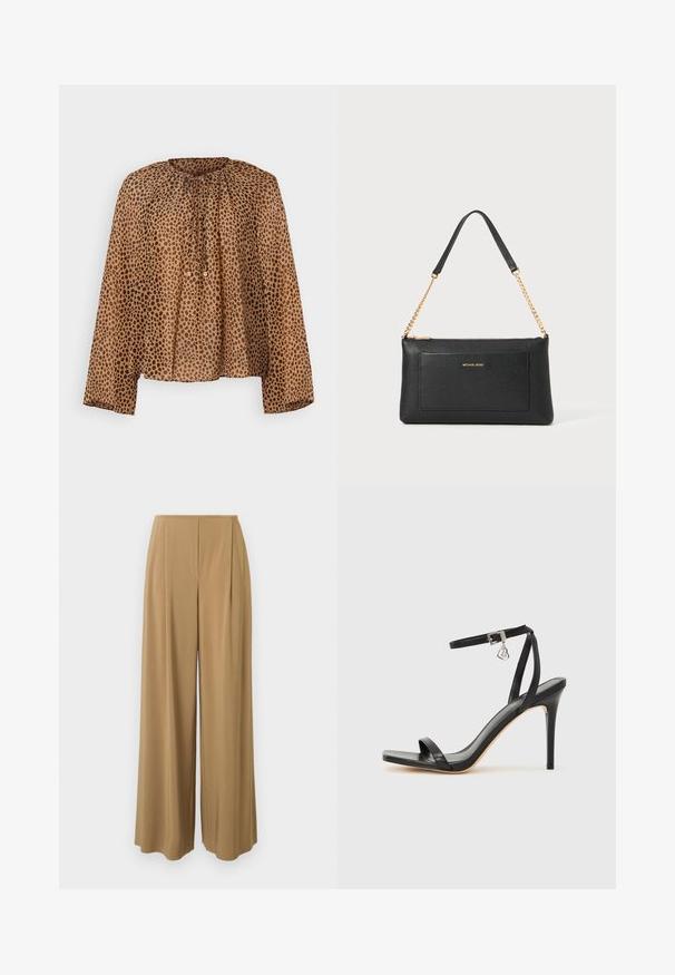 Blouse à imprimé animalier marron avec un col froncé, des manches longues et une coupe ample. Tissu léger avec une texture lisse.; Pantalon à jambes larges en tissu marron clair, doté d'une texture lisse, de plis subtils et d'une taille haute pour un look taillé sur mesure.; Sandale à talon haut noire avec une bride étroite à la cheville, bout carré, cuir lisse et accent de boucle métallique.; Pochette en cuir noir avec une texture en relief, bandoulière en chaîne dorée et une poche avant. Elle arbore un logo doré sur le devant.