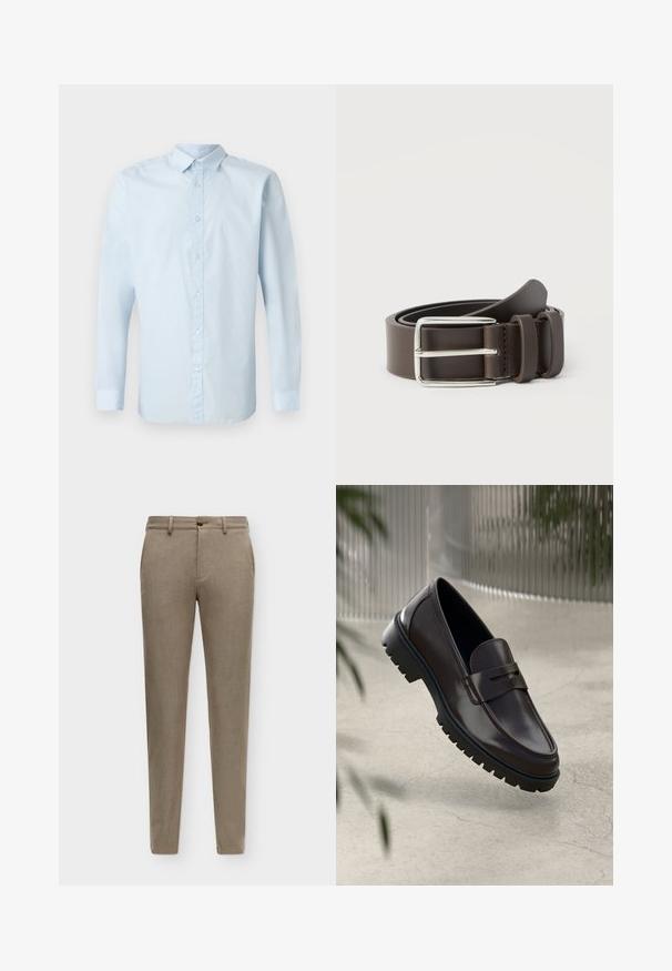 Helles blaues Langarmhemd aus glattem Stoff, mit durchgehender Knopfleiste, klassischem Kragen und geknöpften Manschetten.; Beige Slim-Fit-Hose mit Gürtelschlaufen, Frontknopf und seitlichen Taschen, dargestellt auf einfachem Hintergrund.; Braune Leder-Loafers mit einer strukturierten, geriffelten Gummisohle. Sie zeichnen sich durch ein schlankes Design und einen dekorativen Riemen über dem Spann aus.; Brauner Ledergürtel mit einer silbernen Metallschnalle, der über eine glatte Textur und ein schlichtes Design verfügt. Enthält eine Schlaufe für Anpassung und Befestigung.