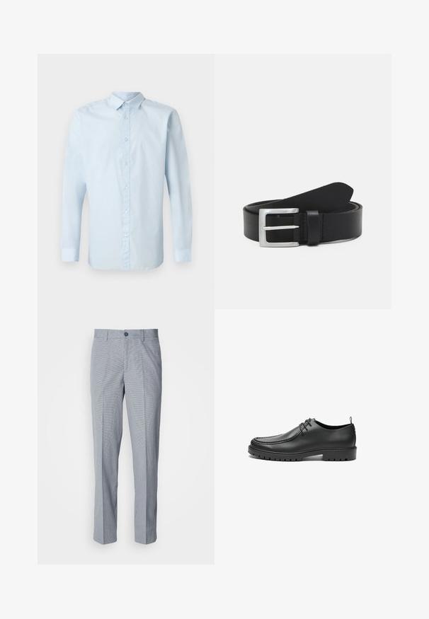Camisa de manga larga azul claro hecha de tela suave, con frente de botones, cuello estándar y puños abotonados.; Pantalones de vestir a cuadros grises, ajuste entallado, con una textura de tela suave, frente plano y cierre de un botón.; Zapatos de cuero negro con un acabado suave, punta redondeada y costuras decorativas. Cuenta con una suela de goma con surcos para tracción y un diseño de cordones.; Cinturón de cuero negro con una textura lisa, hebilla rectangular de plata y un lazo para el extremo. Presenta una costura ordenada a lo largo de los bordes.