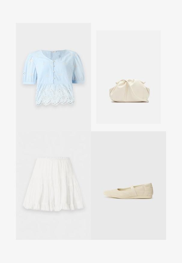 Blouse bleu clair à manches bouffantes courtes, ornée de motifs floraux brodés et d'un ourlet en dentelle festonnée. Quatre boutons fonctionnels à l'avant.; Jupe blanche à volants avec taille élastique et ourlet volanté, fabriquée en tissu léger.; Ballerines beiges avec une exterior en cuir lisse, un bout en forme d'amande et une sangle élastique sur le coup de pied, avec des détails de couture subtils.; Pochette en cuir souple couleur crème avec un design froncé et une fine bandoulière reposant à l’avant sur un fond uni.