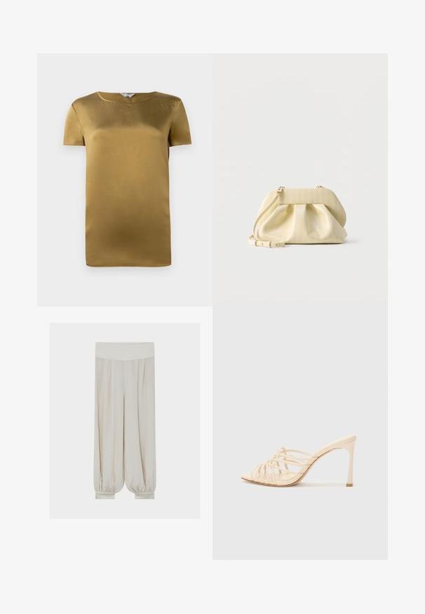 Kortærmet top i olivengrønt satin med rund halsudskæring og en glat tekstur. Enkel design med lige snit og ingen udsmykninger.; Beige løse bukser med bred elastisk linning og opsamlede manchetter ved anklerne.; Beige højhælede mules med et stribet design. Har en firkantet tå, en glat tekstur og en slank hæl med en gylden accent ved bunden.; Lille bleg gul læderhåndtaske med rynket front, guldfarvet hardware og justerbar skulderrem på hvid baggrund.