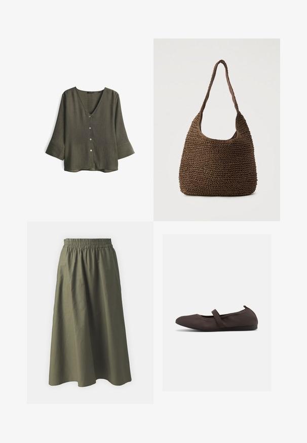Olijfgroene V-hals blouse van gestructureerde stof, met drie knopen aan de voorkant en driekwart mouwen met brede manchetten.; Olivengroene, middellange rok met een geplooide elastische tailleband. Gemaakt van lichte stof met een gladde textuur en een eenvoudig ontwerp.; Bruine ballerinaschoen met elastische band en ronde neus, getoond op een witte achtergrond, zijaanzicht.; Bruine geweven handtas met een gestructureerd oppervlak, een slappe vorm en een enkele brede band. De binnenvoering van stof sluit aan bij het buitenmateriaal.