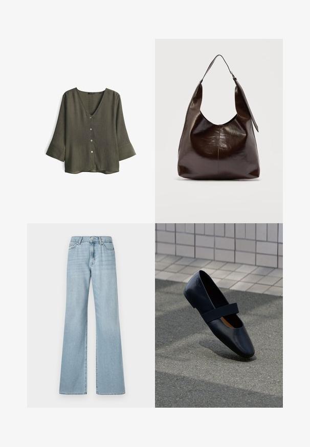 Olijfgroene V-hals blouse van gestructureerde stof, met drie knopen aan de voorkant en driekwart mouwen met brede manchetten.; Lichtblauwe wijde jeans van denim, met een hoge taille, voorkruiken en een subtiele vervaging door de stof.; Zwarte leren platte schoen met een ronde neus, voorzien van een zachte zwarte elastische band over de wreef. Gladde textuur en minimalistisch ontwerp.; Donkerbruine glanzende leren schoudertas met een enkele brede riem en gespsdetail aan één kant, tegen een effen lichte achtergrond.