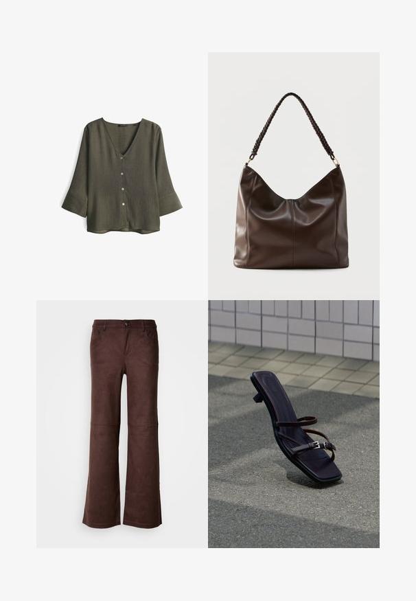 Olijfgroene V-hals blouse van gestructureerde stof, met drie knopen aan de voorkant en driekwart mouwen met brede manchetten.; Bruine flared pants van een zachte, suede-achtige stof. Beschikt over vier zakken, een knoopsluiting en een gladde, gestructureerde oppervlakte.; Donkerbruine lederen sandaal met dunne bandjes en gespen, rechtopstaand op asfalt vlakbij een betegelde muur.; Donkerbruine leren schoudertas met een gevlochten handvat en zichtbare naden aan de voorkant.