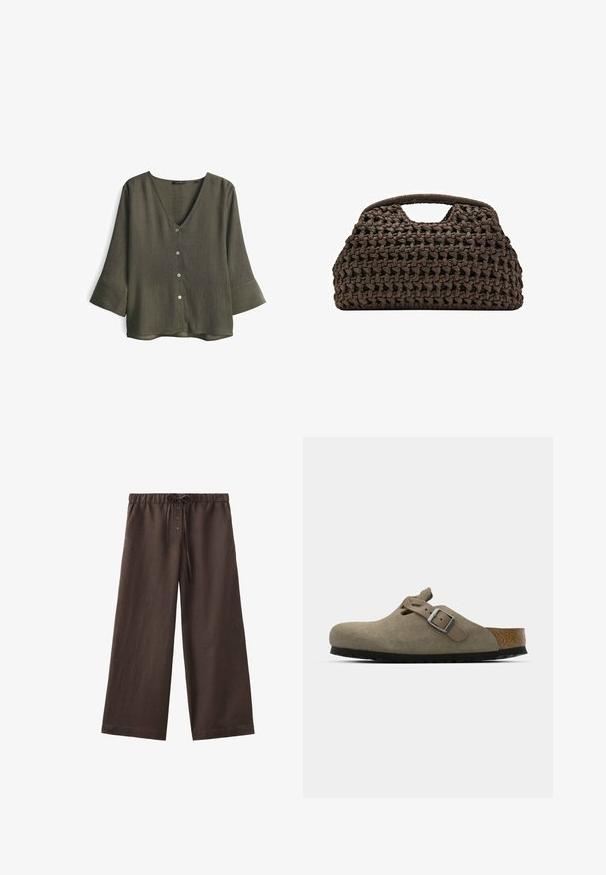 Blouse vert olive à col en V en tissu texturé, dotée de trois boutons sur le devant et de manches trois quarts avec larges poignets.; Pantalon large en lin marron avec taille élastique, cordon de serrage et trois boutons sur la fermeture devant.; Sabots en velours côtelé vert olive clair avec une semelle en liège et en caoutchouc moulée. Dispose d'une sangle latérale avec une boucle en métal et d'un bout arrondi.; Sac à main tissé marron avec une texture en maille épaisse et une poignée découpée, forme rectangulaire avec une structure souple et lâche.