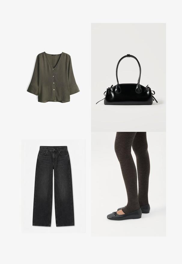 Olijfgroene V-hals blouse van gestructureerde stof, met drie knopen aan de voorkant en driekwart mouwen met brede manchetten.; Zwarte wijde jeans met knopen en rits aan de voorkant, riemlussen en ontwerp met vijf zakken, op een effen witte achtergrond.; Benen met donkere geribbelde leggings gecombineerd met zwarte ballerina's met kleine strikdetails op een witte achtergrond.; Kleine zwarte glanzende handtas met twee lange hengsels en zijkant trekkoord details op een effen lichte achtergrond.