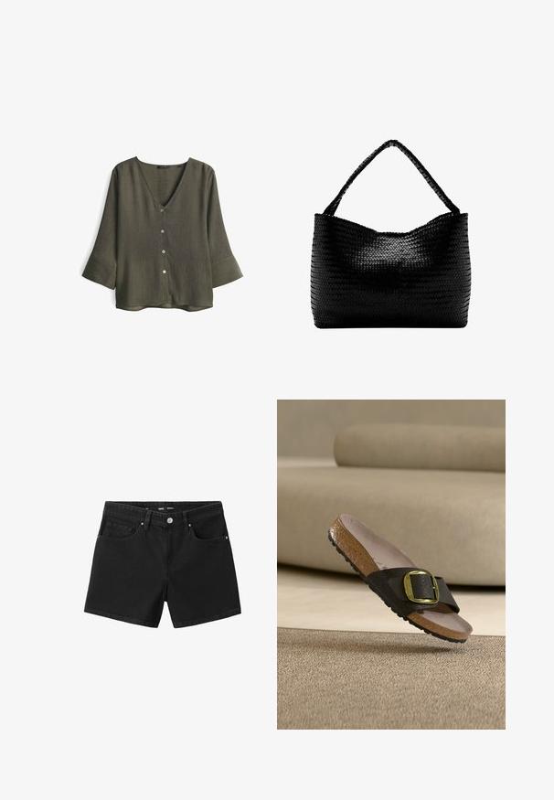 Olijfgroene V-hals blouse van gestructureerde stof, met drie knopen aan de voorkant en driekwart mouwen met brede manchetten.; Zwarte denim korte broek met knoop aan de voorkant, riemlussen en twee voorzakken, weergegeven op een witte achtergrond.; Bruine slipper met kurken zool, zwarte gestructureerde band en grote gouden gesp, rustend op een beige tapijt bij een beige bank.; Zwarte geweven handtas met een enkele gevlochten hengsel, rechthoekige vorm en glanzend gestructureerd oppervlak.
