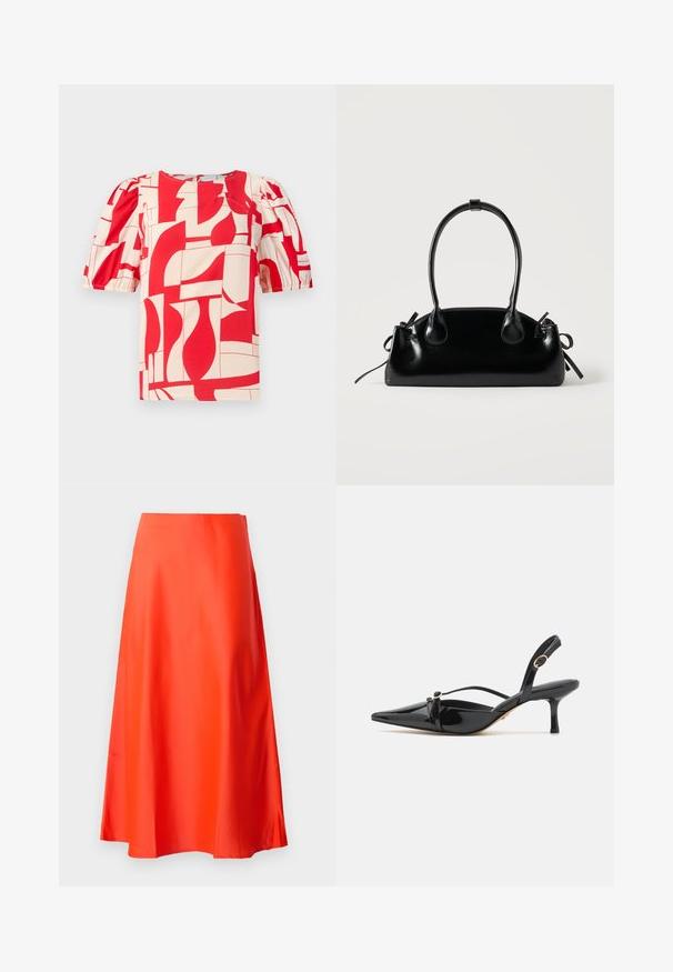 Blusa corta de manga corta en rojo y crema con un atrevido estampado geométrico. Presenta mangas abullonadas y un escote redondo, fabricada con una tela suave.; Falda midi de satén rojo con una textura suave, silueta en forma de A y un sutil vuelo en el dobladillo. Sin patrones visibles ni adornos.; ALDO MARIETTA PILLOW WALK - Tacones - black; Pequeño bolso negro brillante con dos asas largas y detalles de cordón lateral sobre un fondo claro liso.
