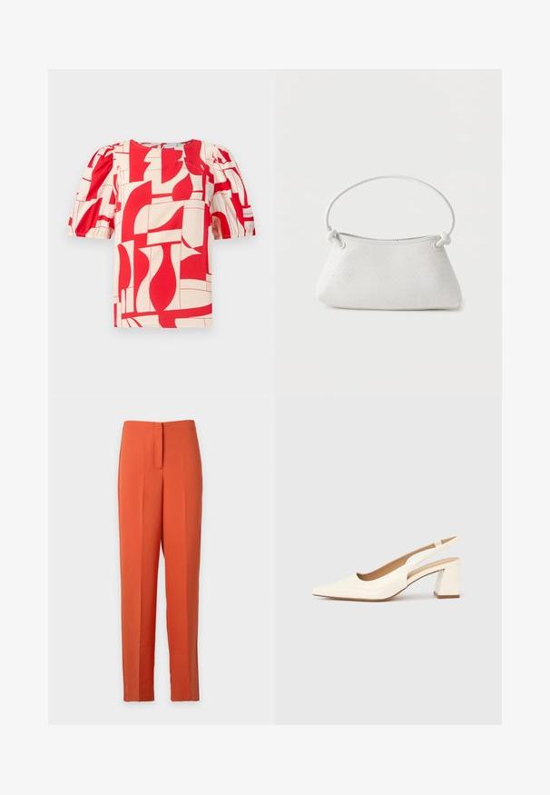 Blusa corta de manga corta en rojo y crema con un atrevido estampado geométrico. Presenta mangas abullonadas y un escote redondo, fabricada con una tela suave.; Pantalón naranja de pierna recta con cintura alta y costura frontal, cierre delantero oculto, mostrado sobre un fondo blanco liso.; Zapato de salón con tira trasera en charol crema brillante, con punta afilada y tacón cuadrado grueso para mayor estabilidad. Diseño minimalista, sin adornos.; Bolso de mano de cuero blanco tejido con asa redondeada y extremos de la correa anudados, exhibido sobre un fondo liso.