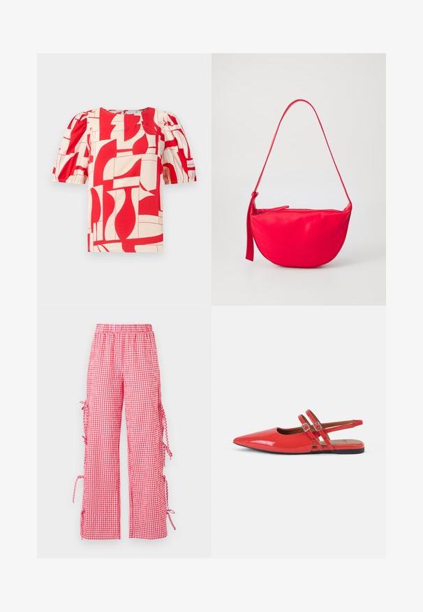 Blusa corta de manga corta en rojo y crema con un atrevido estampado geométrico. Presenta mangas abullonadas y un escote redondo, fabricada con una tela suave.; Pantalones de cuadros rojos y blancos con un ajuste relajado, que cuentan con una cintura elástica y lazos en el costado para longitudes ajustables.; Zapatos planos de charol rojo con talón abierto y puntera puntiaguda, con dos finas correas cruzadas y un diseño minimalista. Suela plana negra.; Bolso de hombro de cuero rojo con forma curva, cierre con cremallera y una correa delgada y ajustable. Textura suave con detalles de costura.