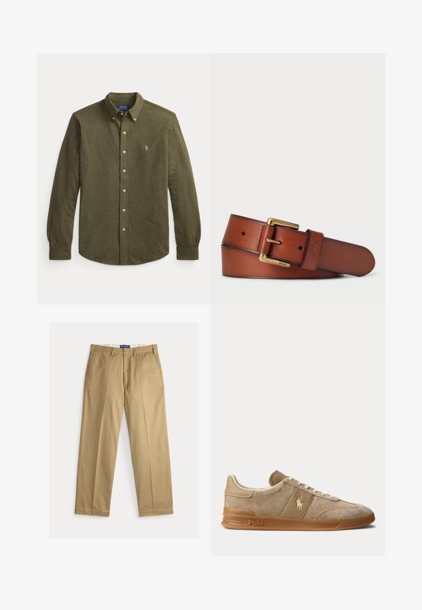 Langarmig olijfgroen overhemd met knopen, kraag en klein geborduurd logo op de linkerborst.; Beige chinos gemaakt van katoenen stof. Recht gesneden met een platte voorkant, twee zijzakken en een tailleband met knoopsluiting.; Beige suède en leren lage sneaker met gumzool, witte veters en Polo-logo op de zijkant en zool.; Leren riem in rijk bruin met een gladde textuur. Voorzien van een gouden metalen gesp en een geperst logo detail. Meerdere maatgaten aanwezig.