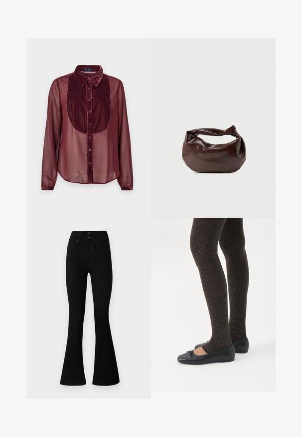 Burgundy paita dengan panel depan beludru dan lengan panjang transparan. Dilengkapi dengan kerah, penutupan kancing, dan tekstur lembut.; Pepe Jeans FLARE CONTOUR - Flared-farkut - black denim; Jalat, joissa tummat ribbineuleiset leggingsit yhdistettynä mustiin balettitossuihin, joissa on pienet rusettikoristeet valkoisella taustalla.; Tummanruskea nahkainen olkalaukku, jossa on pehmeä, rento muoto ja kiertynyt solmukahva valkoisella taustalla.