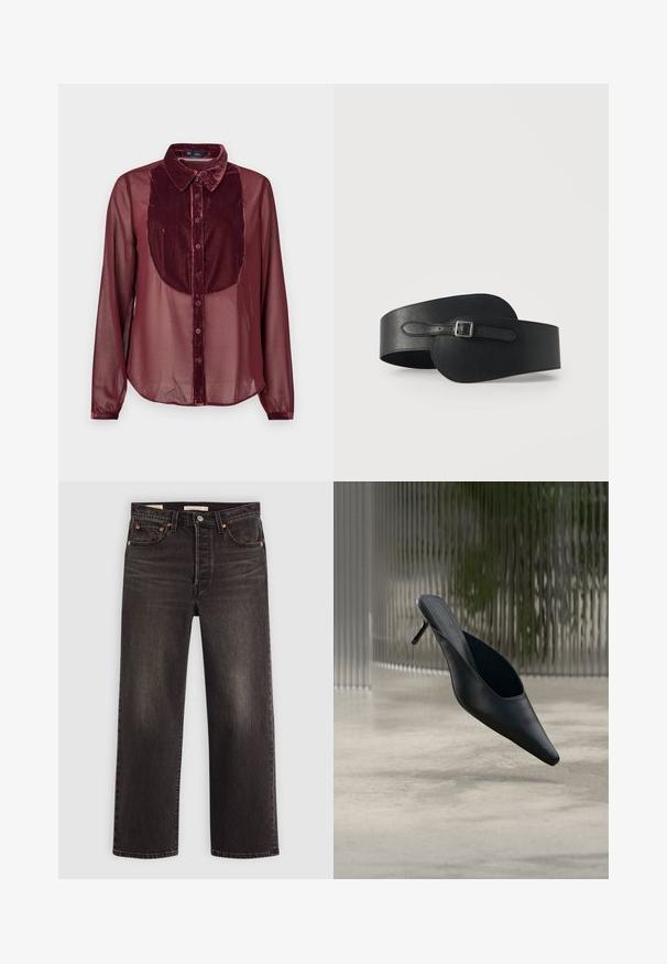 Chemise bordeaux avec un panneau avant en velours et des manches longues transparentes. Présente un col, une fermeture à boutons et une texture douce.; Jeans en denim noir avec une coupe droite. Comprend des rivets en cuivre et des poches. Texture lisse et finition légèrement décolorée.; Mule noire à bout pointu avec un talon fin et haut flottant au-dessus d'un sol en béton lisse, avec un arrière-plan flou à rayures verticales.; Ceinture en cuir noir présentant une forme allongée avec une extrémité arrondie, une boucle élégante et une texture lisse.