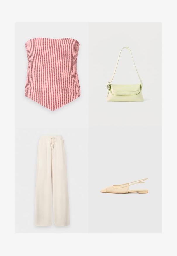Top tube sans bretelles en tissu rose et beige à rayures verticales avec un ourlet pointu à l'avant.; Pantalon ample de couleur crème avec ceinture élastique et cordon de serrage, fabriqué en tissu léger.; Chaussure plate slingback en beige clair avec une tige en maille, un bout pointu et un petit talon. Dotée d'une sangle ajustable pour un bon maintien.; Sac à main en cuir vert clair avec une seule bandoulière et une fermeture à rabat, présenté sur un fond blanc.