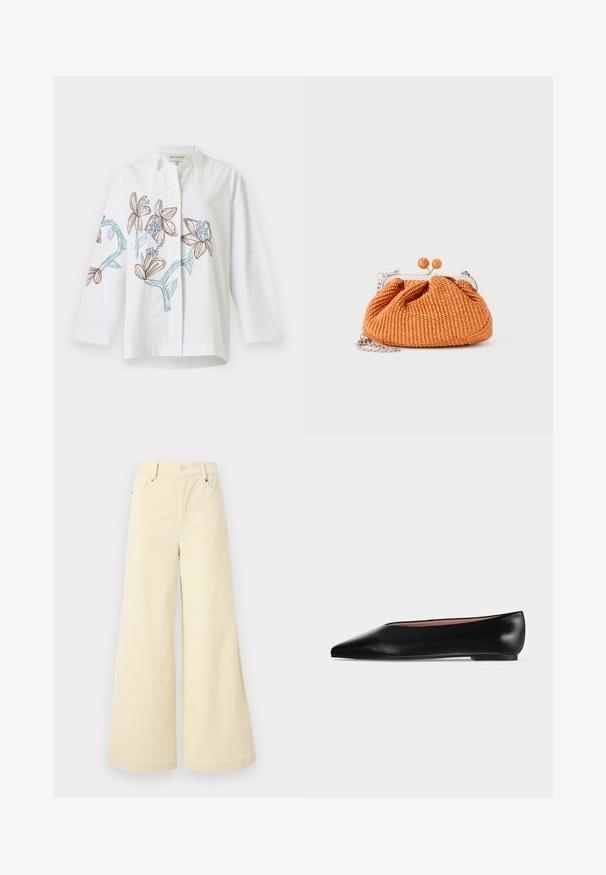 Chemise blanche à manches longues avec broderie florale marron et bleue sur le devant et les manches, dotée d'un col classique et d'une fermeture boutonnée.; Pantalons larges en tissu beige doux avec une finition texturée, dotés de poches avant, de passants de ceinture et d'une fermeture à bouton unique.; Chaussure plate en cuir noir pour femme, avec bout pointu et petit talon, vue de côté sur un fond gris clair uni.; Petit sac pochette tissé orange avec cadre en métal argenté, fermoir rond et bandoulière chaîne argentée sur fond blanc.