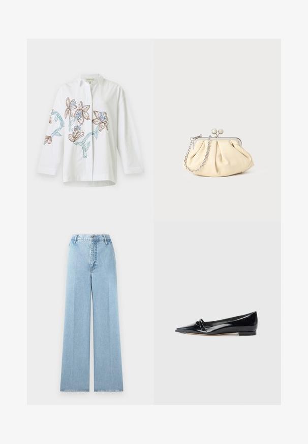 White long-sleeve shirt with brown and blue floral embroidery on front and sleeves, featuring a classic collar and button-down design.; Light blue wide-leg jeans made of denim with a high waist, featuring five belt loops, a front button closure, and stitched seams.; Black patent leather flat shoe featuring a pointed toe, small decorative strap, and low block heel. Smooth texture and sleek design.; Pleated beige leather clutch with a silver metal frame, featuring two round decorative clasps and a silver chain strap.