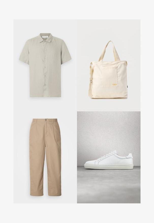 Chemise beige à manches courtes avec col, boutonnée sur le devant, en tissu léger, vue de face sur fond blanc.; Pantalons en coton léger beige avec un devant plissé, fermeture à bouton et jambes droites, offrant une texture lisse et sans motifs visibles.; Sneaker blanche avec une tige en cuir lisse et un profil bas. Présente un bout arrondi, six œillets et une semelle en caoutchouc texturé.; Sac fourre-tout en toile crème avec poche avant, deux poignées, bandoulière réglable et petit texte jaune "O.N.S" en bas à droite de la poche.