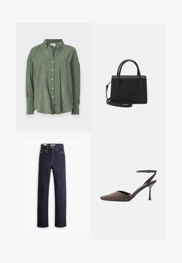 Grøn, krave-button-up skjorte i let stof med en let rynket tekstur. Har lange ærmer og hvide knapper foran.; Mørkeblå straight-leg denim jeans med fem lommer og synlig orange syning på hvid baggrund.; Brun ruskindspointetrukket højhælet sko med tynd ankelrem og sølvspænde på hvid baggrund.; Sort struktureret håndtaske lavet af læder med et topgreb, aftagelig skulderrem og detalje med frontklap. Guldhardware accenter.