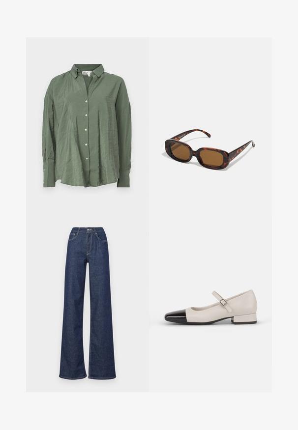 Camisa verde de botonadura con cuello, en tejido ligero y con una textura ligeramente arrugada. Tiene mangas largas y botones blancos en la parte delantera.; Jeans de mezclilla de pierna ancha en azul oscuro, con una cintura alta, bolsillos frontales, costuras visibles y un acabado limpio en los dobladillos.; Zapato estilo Mary Jane en cuero crema con puntera de charol negro. Presenta una punta redonda, tirante en el tobillo con una hebilla cuadrada y un tacón bajo y cuadrado.; Gafas de sol de carey con forma rectangular, lentes marrones, montura de plástico suave y varillas delgadas que presentan sutiles patrones tonales.