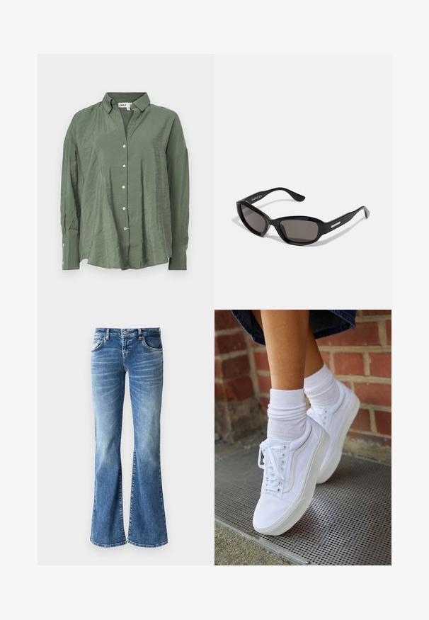 Grøn, krave-button-up skjorte i let stof med en let rynket tekstur. Har lange ærmer og hvide knapper foran.; Lyseblå denim flare jeans med en falmet vask, fem lommer, syede detaljer og en lynlås med en knaplukning.; Hvide lærreds sneakers med gummisåler, der har seks snørehuller, rund tå og let sømdetaljer, krydret med hvide ankelstrømper.; Sorte solbriller med rektangulært stel, mørke linser, glat plastmateriale og en metalaccent på templet.