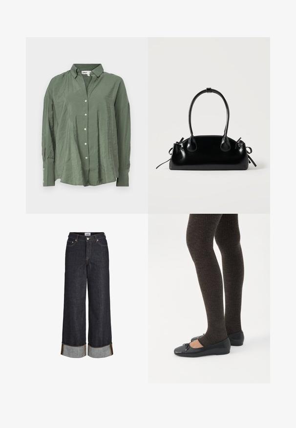 Grøn, krave-button-up skjorte i let stof med en let rynket tekstur. Har lange ærmer og hvide knapper foran.; Mørkeblå jeans med brede ben og opbuk ved kanterne, fem lommer og kontrastfuld gul syning.; Ben iført mørke ribbede leggings kombineret med sorte balletsko med små sløjfedetaljer på hvid baggrund.; Lille sort blank håndtaske med to lange håndtag og snøre-detaljer i siden på en ensfarvet lys baggrund.